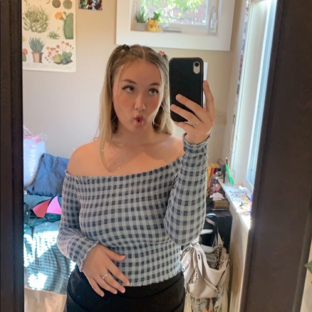 plaid off the shoulder top